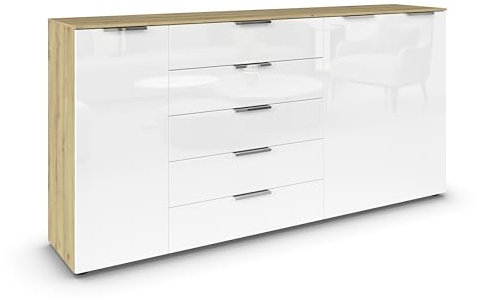 Rauch Möbel Flipp, Kombikommode, Kommode mit Stauraum für Wohnzimmer, Schlafzimmer, Flur, 4 Fachböden, Eiche Artisan-Glasfront Weiß, Holz, 3-türig, Glastüren, 5 Schubladen, Griffe Chrom, 199x100x42cm