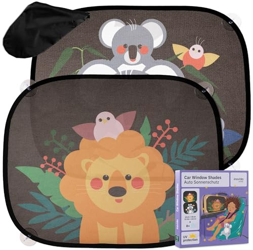 Parasol para coche infantil con protección UV: 2 parasoles para niños, bonitos diseños de animales y ventosas, 44 x 36 cm, protección solar para coche para niños y bebés Inovida
