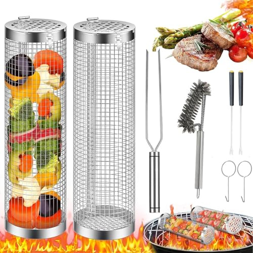 CNSTZX Grillkorg Rostfritt Stål Rund, 2 Stk, 9x30 cm, Silver, Med Lång Stång, Gaffel Och Rengöringsborste För Grönsaker Och Kött Utomhusgrill