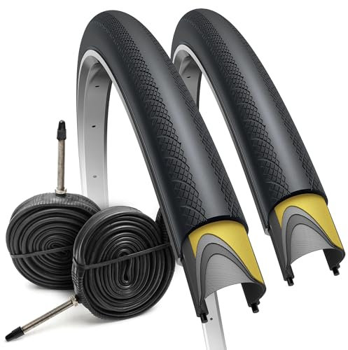 Fincci Rennradreifen 700x28c – 2er Set Slick- Faltreifen 28 Zoll mit 1 mm Nylon-Pannenschutz & 2x 28-622 Presta-Schläuchen, Fahrradmantel 28 60 TPI für Rennrad, Carrera, Ebike, Straße & Tourenrad