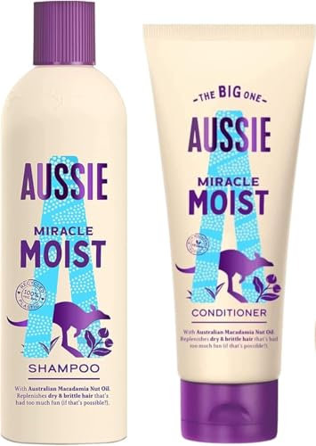 Aussie Miracle Moist Shampoo and Conditioner Set with Macadamia Nut Oil, For Dry and Brittle Hair, 2-Piece