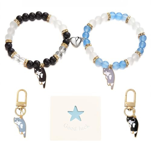 2 Pieces Bracelet de Couple d'Amitié Magnétiques,Aimanté Attraction Mutuelle Avec carte de vœux Porte-clés Relation éternelle Fermeture Magnétique Chat Bracelets pour Meilleurs Amis Copines Soeurs