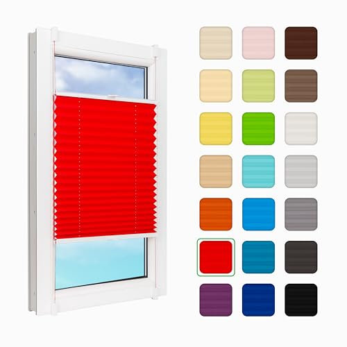 MakoStyl Fenster Plissee Innen ohne Bohren - B 30 H 110 cm Klemmfix Rot Plisee - 100 g/m2 Plissees Faltrollos - 50% Verdunkelung Blissett Rollo - Blickdicht Klemmplisseeses