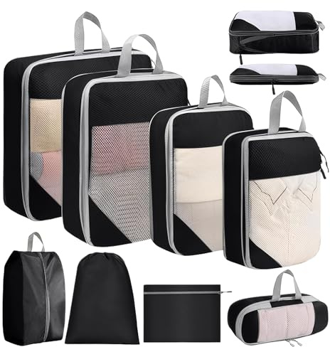 SYEXDZON Bolsas Compresion Viaje para Maleta, 8 Piezas Expandible Viajes Packing Cubes para Mochila, Ultra ligero bolsas viaje organizador para Equipaje de Mano (Negro)