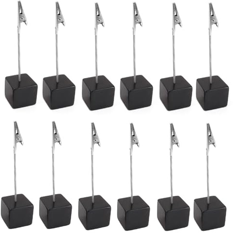 12 Stück Fotohalter Krokodilklemme Memo Clip Ständer Tischkartenhalter Holzsockel Kartenständer mit Klammern Vertikaler Zettelhalter für Bilder Karte Hinweis (Black)