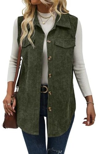 IDEALSANXUN Long Vest for Women Sleeveless Spring Fall Jackets 2025 Button Down Corduroy Vest Tops Outerwear Coat, Army, L