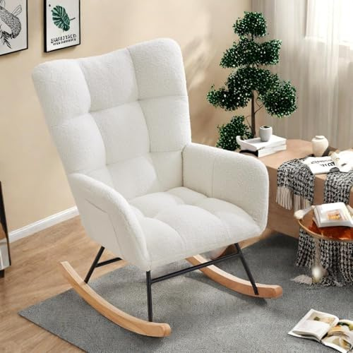 Nursing Rocking Chair, Teddy Upholstered Glider Nursing Chair with High Backrest, Metal Legs & Wood Base, Comfy Stabilise Armchairs with Side Pockets for Adults, 120kg load-bearing for Living Room - A