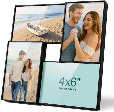 JingImage 6x4 Black Multi Photo Frames, 4 Opening Collage Picture Frame for 4x6 inch Photos, 10x15 cm Small Family Frames, Plastic and Plexiglass, Tabletop and Wall Mounting