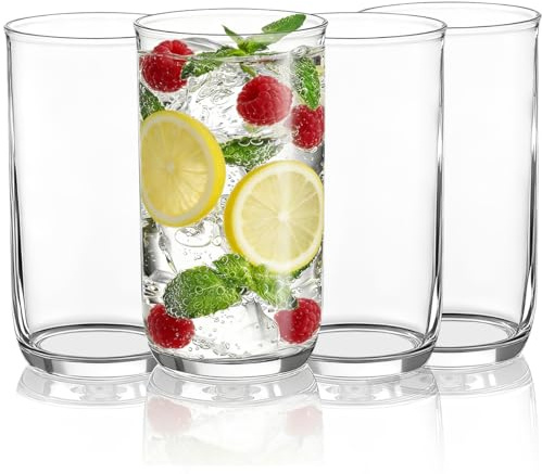 Berglander Highball Glasses Set 4pc, 14 oz Tall PET Clear Plastic Drinking Collins Glasses, Reusable Water Glass Cups, Bar Glassware Tumbler for Beverage, Beer, Juice, Milk, Mojito, Cold Drink