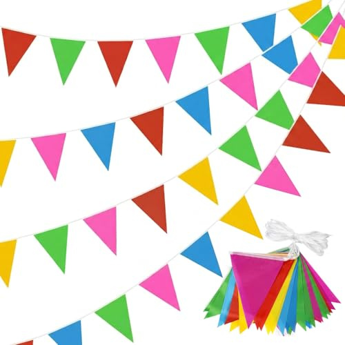 100M Banderines de Tela, ZoneYan 150 Guirnalda Triangulos, Banderolas Fiesta Decorativas, Bunting Banner, Banderín Multicolor, para Partido Jardín al Aire Libre y Otras Fiestas (Multicolor, 300m)