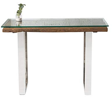 invicta INTERIOR Massive Konsole Barracuda Teak mit Stahl Kufenfüßen 120 cm mit Glasplatte Glas Massivholz Konsolentisch