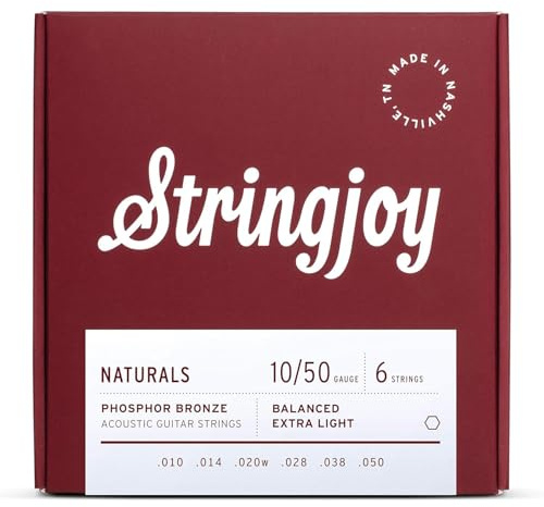Stringjoy NB1050 Naturals Phosphor Bronze Acoustic Guitar Strings, 10-50 Extra Light Gauge, Guitar Strings Acoustic 6 String Set for Clear Tones, Durable Super Light Acoustic Guitar Strings