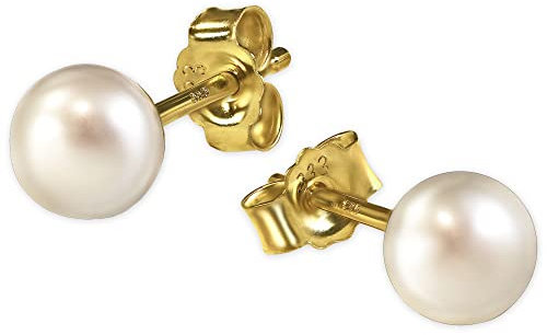 CLEVER SCHMUCK Goldene Damen Perlenohrstecker weiß Ø 5 mm als Paar glänzend schlicht 333 Gold 8 Karat im Schmucketui