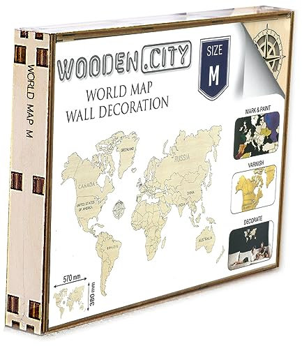 WOODEN.CITY Weltkarte Holz (M) Die hölzerne Weltkarte mit gravierten Landesgrenzen 57 х 38 cm Holz Puzzle: Taille M. Puzzle en 3D