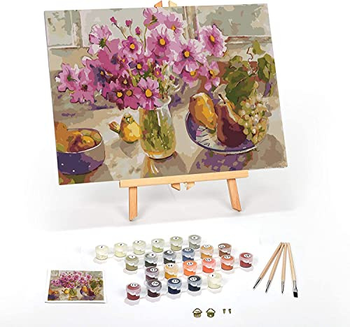 Ledgebay DIY Paint by Numbers Kit for Adults Framed Canvas Beginner to Advanced Paint by Numbers Kit, Kits Include Acrylic Paint set, Brushes & Tabletop Easel (Cosmos from The Garden 12 x 16 Framed)