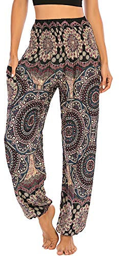 Nuofengkudu Damen Hippie Pumphosen mit Taschen Muster High Waist Haremshose Boho Luftige Bequeme Luftige Sommer Thai Hosen Yogahose Strandhosen Festlich(X-Blume Schwarz)