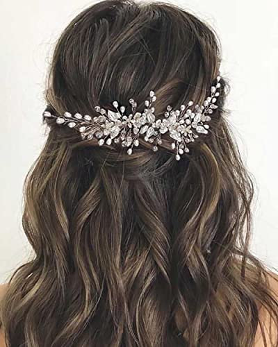 Wedity Braut-Stirnband mit Strass, Silber, Hochzeit, Blume, Haar, Weinblatt, Braut-Haarteil, Perlen, Haarschmuck für Frauen und Mädchen