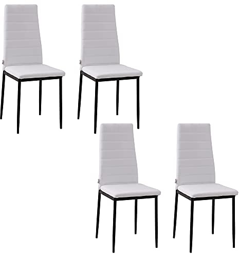 HOMCOM Pack de 4 Sillas de Comedor Modernas, Sillas de Cocina Tapizadas en Lino Sintético con Respaldo Alto y Patas de Metal, para Salón, Blanco