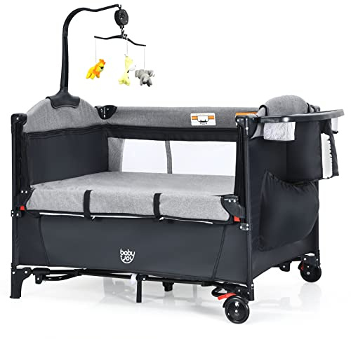 GOPLUS Cuna de Viaje Bebe 5 en 1 con Cambiador, Colchón, Juguetes Colgantes, Caja de Música, Altura Ajustable, Ruedas, Centro de Actividad, Cama Plegable para Bebé 0-3 Años, Carga 15 kg (Negro)