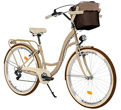 Milord Comfort, bicicletta con cesto, bicicletta olandese da donna, City bike, vintage, 28 pollici, marrone crema, 7 marce