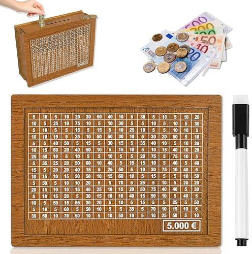 Salvadanaio in legno, salvadanaio con contatore per spuntare, riutilizzabile, salvadanaio in legno, per adulti e bambini con obiettivo di risparmio 5000