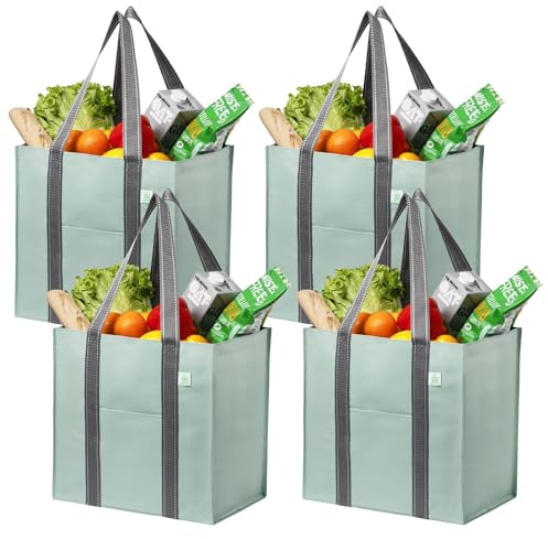 VENO Set of 4 Compact and Practical Reusable Grocery and Shopping Bags with Handles and Rigid Bottom. Foldable, Durable and Robust Utility Tote Bag (Light Green, Set of 4)