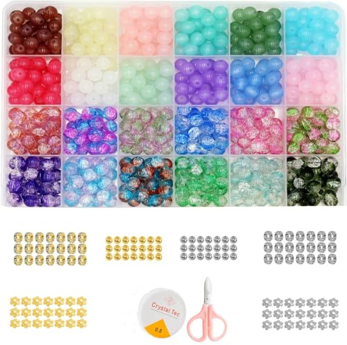 Kit para Hacer Pulseras 750Pc Abalorios para Pulseras 8mm Bolitas Cuentas de Cristal Bolas para Hacer Pulseras con Perlas Hilo Cuentas Espaciadoras Set Cosas Hacer Pulseras Collares y Manualidad