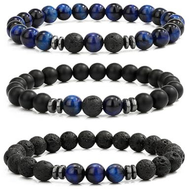 MUCCA 3 Pcs Mens Bracelets Adjustable Stretch Bracelet for Men 8MM Natural Stone Bead Bracelet Tigers Eye Bracelet Gifts for Teenager Mens
