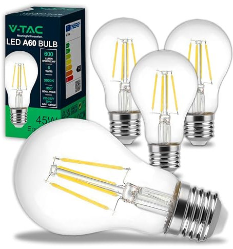V-TAC 4x Ampoules LED Filament E27 - A60-6W (équivalent 45W) - 600 Lumen - Ampoule LED Verre - Efficacité Maximale et Économie d'Énergie - 3000K Blanc Chaud