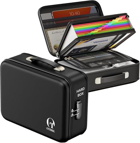 Oterri Fireproof Document Box, Hard Case File Box with Lock, Upgraded 8 Layers Large File Organizer, Water Resistant Safe Document Storage for Important Certificates, Black