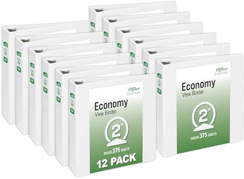 Office Essentials Economy View 3 Ring Binders, 2 Round Rings, 2.8 Spine, 375-Sheet Capacity, White Binders (12-Pack of 03428)