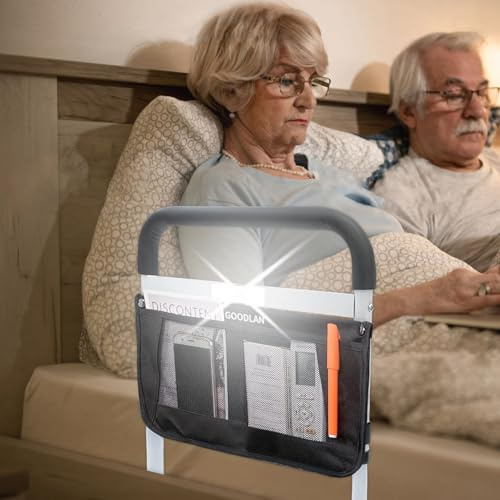 Bed Rails for Elderly Adults Safety Adjustable Heights Storage Pocket Assist Support Side Railings for Seniors Citizens Slides Under Mattressbed Cane Bed Guard Bed Handles Bars (white with light)