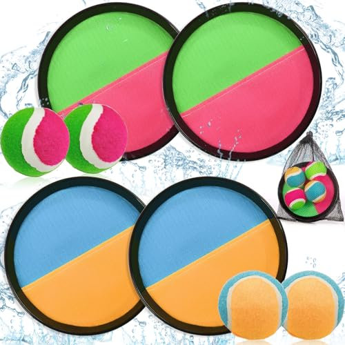 SaiXuan Lot de Jeu Scratch Enfant avec 4 Raquettes Ø18,5cm et 4 Balles Dures – Jouet Extérieur Été Jardin Plage pour Fille Garçon 3-10 Ans, Jeu de Lancer Attraper Famille avec Filet de Rangement