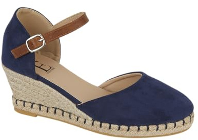 Shoes By Emma Women's Faux Suede Peep Toe Elasticated Slingback Hessian Espadrille Wedge Sandals (Dark Blue, UK Footwear Size System, Adult, Women, Numeric, Medium, 6)