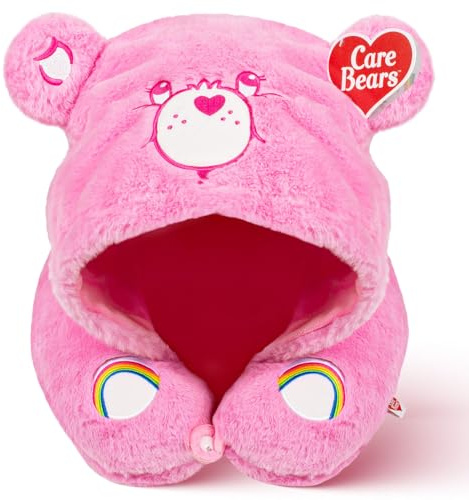 Care Bears - Cheer Bear Snuggle Hood, Travel Pillow for Airplane and Car, Soft Plush, Neck Pillow with Hood and Button Clip - Pink