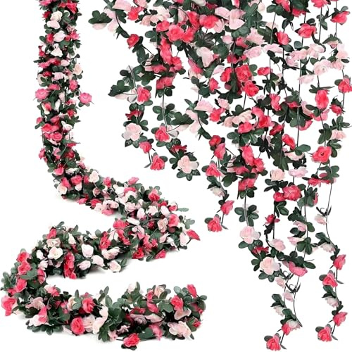 3 Pcs 8FT Silk Rose Flower Garland Artificial Hanging Vines Ivy for Decoration, Anniversary, Wedding, Birthday, Christmas, Home and Garden Decor (Pink)