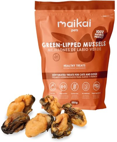 MAIKAI Chuches Naturales con Omega 3 para Perros Mejillón de Labio Verde 150 g – Snack Barf Salud Articular y Sistema Inmune + Premio Natural sin Aditivos Producido en España