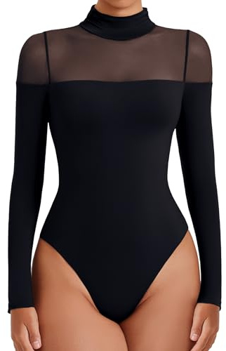 Avidlove Women's Black Long Sleeve Bodysuit Mesh Turtle Neck Sleeve Tops Body Suits Fall Going Out Sexy