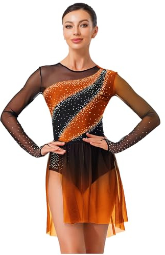 Sywiyi Robe De Patinage Artistique Femme Body Gymnastique Rythmique avec Strass Robe Danse Classique Ballerine Manches Longues Costume Danse Latine Tango Spectacle Orange L