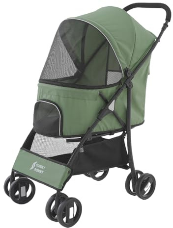 Sunny Sonny Jogger Poussette pliable pour animaux de compagnie avec housse météo, panier de rangement, sac de transport pour chiens et chats de taille S/M jusqu'à 15 kg (vert)