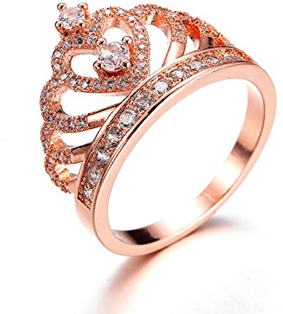 Anelli Donna Gioielli Fidanzamento Principessa Cuore Corona Tiara con Oro Rosa Placcato Zirconia cubica fedine Nuziali Regalo per Ragazze