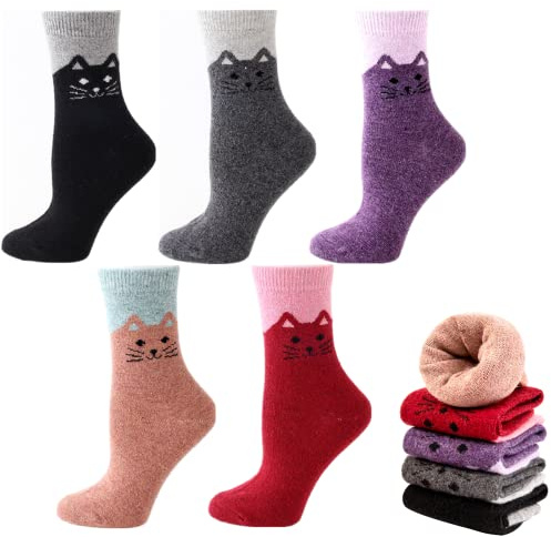 WUWYOUWL Women's Wool Cotton Socks - Thermal Warm Thick & Casual Winter Socks, Cute Animal Design for Girls (5Pairs)