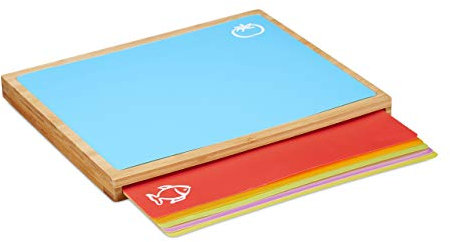 Relaxdays Bambus Schneidebrett, mit 6 Schneidematten, antimikrobiell, hygienisch, Schneidbrett B x T 40,5 x 34 cm, natur