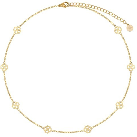 BONNYBIRD® Kleeblatt Kette Gold Damen Edelstahl Glücksbringer Halskette Kurz Choker Frauen Wasserfest Schmuck Goldkette Vergoldet Prüfung Firmung Abitur Kommunion Geschenk OP Gute Besserung Viel Glück