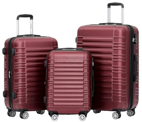 BEIBYE Hartschalen Koffer Trolley Rollkoffer Reisekoffer Zwillingsrollen Kofferset (Weinrot, Set)