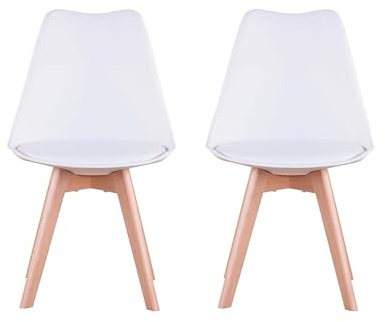 GrandCA HOME Pack de 2 Sillas Comedor Sillas de Cocina Nórdicas con Asiento Blando y Patas de Madera Maciza de Haya,Blanco