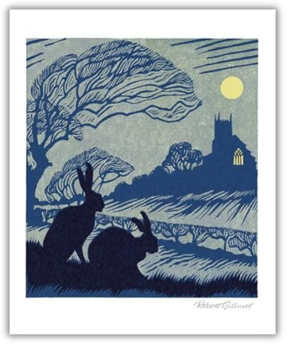 Museums & Galleries Artistic Greeting Card Suitable for Male/Female Birthday - 'Norfolk Night' Two Hares Under at Night - For Him/Her - The Art of Print Range, White, 168 x 137 mm