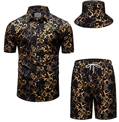 fohemr hommes baroque ensemble de deux pièces or motif chaîne noir chemise short avec chapeau de pêcheur Casual set vacances d'été plage set XX-Large