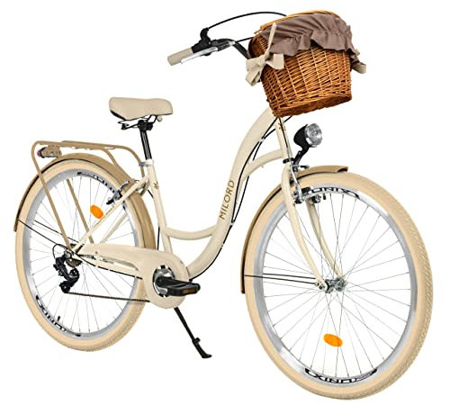 Komfort Fahrrad Citybike Mit Weidenkorb Damenfahrrad Hollandrad, Retro, Vintage, 26 Zoll, Creme-Braun, 7-Gang