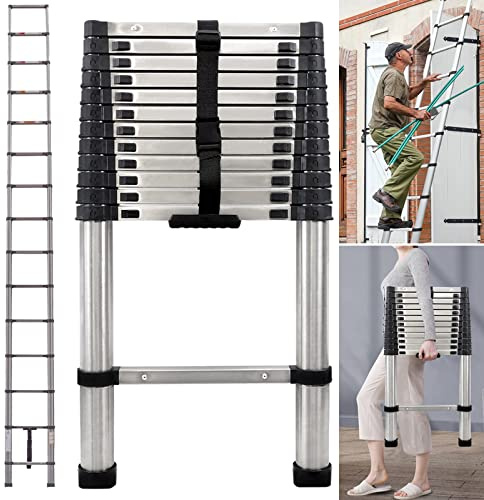 Attic Ladders Compact 3.8M 12.5FT Telescopic Ladder Telescoping Loft Ladder Multi Purpose Stainless Steel Extension Extendable Step Folding Collapsible Household Ladder Industrial Roof Ladder